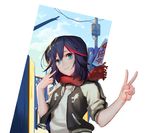  black_hair black_jacket blue_eyes blue_sky closed_mouth commentary_request day double_v head_tilt highres hj_(leeho830) jacket kill_la_kill long_sleeves looking_at_viewer matoi_ryuuko multicolored_hair open_clothes open_jacket open_mouth red_hair red_scarf scarf shirt short_hair sign sky sleeves_pushed_up smile solo streaked_hair telephone_pole upper_body v white_shirt 
