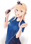  alternate_costume blonde_hair blue_eyes braid commentary_request copyright_name crown french_braid hands_up hiiragii_(hiiragi_0404) kantai_collection light_stick long_hair mini_crown open_mouth shirt smile solo t-shirt warspite_(kantai_collection) 