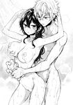  1girl blush breast_grab breasts ensemble_stars! epuko genderswap genderswap_(mtf) grabbing grabbing_from_behind greyscale hair_between_eyes hetero large_breasts long_hair mixed_bathing monochrome nipple_tweak nipples nude oogami_koga parted_lips sakuma_rei_(ensemble_stars!) showering soap_bubbles sponge water wet 