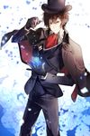  arsene_lupin_(code:realize) ascot bad_id bad_pixiv_id black_cape black_gloves black_hat black_pants brown_hair cape code:realize flower gloves hat highres looking_at_viewer male_focus onoco pants red_neckwear solo standing top_hat 