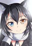  animal_ears black_hair blue_eyes chin_rest commentary face fur_collar gloves grey_wolf_(kemono_friends) hair_between_eyes head_tilt heterochromia highres kemono_friends long_hair long_sleeves looking_at_viewer multicolored_hair necktie portrait smile solo two-tone_hair white_gloves white_hair wolf_ears wolf_girl yasume_yukito yellow_eyes 