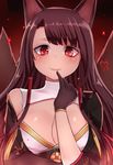  :p akagi_(azur_lane) animal_ears azur_lane breasts brown_hair cleavage cleavage_cutout commentary_request finger_to_mouth gloves heart large_breasts long_hair multiple_tails neit_ni_sei red_eyes slit_pupils smile solo tail tongue tongue_out wolf_ears wolf_tail 