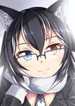  animal_ears bespectacled black-framed_eyewear black_hair blue_eyes chin_rest face fur_collar glasses gloves grey_wolf_(kemono_friends) hair_between_eyes head_tilt heterochromia highres kemono_friends long_hair long_sleeves looking_at_viewer multicolored_hair necktie over-rim_eyewear portrait semi-rimless_eyewear smile solo two-tone_hair white_gloves white_hair wolf_ears wolf_girl yasume_yukito yellow_eyes 