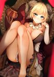  bad_id bad_pixiv_id barefoot blonde_hair breasts cleavage clenched_teeth crown crown_removed detached_collar eyebrows_visible_through_hair green_eyes highres horns jewelry large_breasts legs looking_at_viewer original rerrere ring short_hair smile solo teeth 