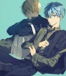  artist_name black_neckwear blonde_hair blue_background blue_eyes blue_hair formal kise_ryouta kuroko_no_basuke kuroko_tetsuya looking_at_viewer male_focus multiple_boys necktie sitting suit sukja 