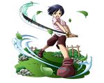  black_eyes blue_hair bodskih boots brown_footwear brown_shorts full_body holding holding_sword holding_weapon katana kuina leaf one_piece open_mouth pink_shirt shirt short_hair short_sleeves shorts solo standing sword transparent_background weapon 