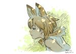  animal_ears artist_name bangs bare_shoulders black_eyes black_hair blonde_hair bow bowtie dated extra_ears eyelashes from_side hair_between_eyes half-closed_eyes kemono_friends leaning leaning_forward lips looking_away multicolored_hair nose pink_lips roonhee serval_(kemono_friends) serval_ears serval_print shirt short_hair signature sleeveless sleeveless_shirt solo spots two-tone_hair upper_body white_shirt 