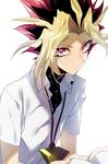  absurdres belt_collar black_shirt blonde_hair closed_mouth collar collared_shirt commentary_request highres jewelry looking_at_viewer male_focus maruchi millennium_puzzle multicolored_hair necklace pink_hair shirt short_sleeves simple_background solo spiked_hair white_background white_shirt yami_yuugi yuu-gi-ou yuu-gi-ou_duel_monsters 