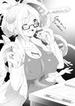  ahoge behind_another bestiality between_breasts blush breasts cleavage coat consensual_tentacles desk english glasses greyscale happy heart holding holding_pen labcoat large_breasts monochrome one_eye_closed open_clothes open_coat open_mouth original paper pen semi-rimless_eyewear sitting solo tentacles tentacles_under_clothes under-rim_eyewear yana_(nekoarashi) 
