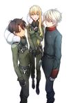  2boys :d aldnoah.zero asseylum_vers_allusia black_gloves black_pants blonde_hair blue_eyes brown_hair eyebrows_visible_through_hair fingerless_gloves gloves green_eyes hair_between_eyes highres kaizuka_inaho long_hair mikuriya_(cammy_moka) military military_uniform multiple_boys open_mouth pants red_eyes side_ponytail silver_hair simple_background slaine_troyard smile standing uniform very_long_hair white_background white_gloves 