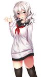  :d alternate_costume arm_behind_back bangs black_legwear black_skirt blue_eyes blush breasts buttons cardigan commentary_request cowboy_shot eyebrows_visible_through_hair grey_hair hair_between_eyes hand_up highres kantai_collection kashima_(kantai_collection) large_breasts long_hair long_sleeves looking_at_viewer medium_breasts miniskirt neckerchief nironiro no_hat no_headwear open_mouth pleated_skirt pocket red_neckwear sailor_collar school_uniform serafuku silver_hair simple_background skirt smile solo standing tareme thighhighs thighs tsurime twintails wavy_hair white_background zettai_ryouiki 