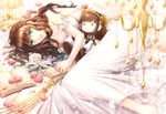  ariake_aria bare_shoulders book braid brown_hair cardia_beckford chandelier code:realize doll dress flower green_eyes long_hair looking_at_viewer lying on_side open_book white_dress 