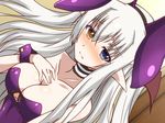  ange_vierge animal_ears blue_eyes breast_suppress breasts bunny_ears bunnysuit character_request choker cleavage dutch_angle heterochromia large_breasts leotard long_hair looking_at_viewer pointy_ears purple_leotard silver_hair solo wrist_cuffs yamiochi_umekichi yellow_eyes 