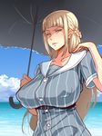  1girl aqua_eyes blonde_hair braid breasts collarbone comic dress enoshima_iki erect_nipples female graphite_(medium) huge_breasts long_hair looking_at_viewer mechanical_pencil original outdoors solo standing summer umbrella upper_body 