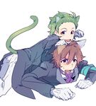  amagase_touma animal_ears armband brown_eyes brown_hair cat_ears cat_tail dogpile gloves green_eyes green_hair idolmaster idolmaster_side-m kemonomimi_mode looking_at_viewer mitarai_shouta multiple_boys namco_namja_town open_mouth paw_pose reo_(pixiv_1466910) simple_background tail white_background white_gloves 