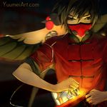  black_eyes black_hair blurry blurry_background chinese_clothes face_mask highres kite knite male_focus mask solo watermark web_address wenqing_yan 