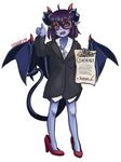  :d absurdres ahoge artist_name bangs black_jacket black_sclera blue_skin business_suit child collared_shirt commentary contract demon_(monster_girl_encyclopedia) demon_girl demon_horns demon_tail demon_wings eyebrows_visible_through_hair formal full_body glasses hair_between_eyes hand_up hhhori high_heels highres horns jacket legs_apart looking_at_viewer medium_hair monster_girl_encyclopedia open_mouth oversized_clothes pointy_ears purple_hair red-framed_eyewear red_eyes red_footwear shirt shoes signature simple_background slit_pupils smile solo standing suit tail thumbs_up typo white_background white_shirt wings younger 