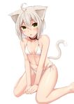  absurdres animal_ears bangs bare_legs between_legs bikini blonde_hair blush breasts cat_ears cat_girl cat_tail collar collarbone eyebrows_visible_through_hair green_eyes hair_between_eyes half-closed_eyes hand_between_legs highres ivan_wang looking_at_viewer navel open_mouth original platinum_blonde_hair short_hair sidelocks silver_hair simple_background sitting small_breasts solo swimsuit tail thighs tsurime wariza white_background white_bikini 