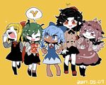  antennae black_hair blonde_hair blue_eyes blue_hair blush cape cirno closed_eyes dress hat multiple_girls mystia_lorelei no_shoes pink_eyes pink_hair red_eyes rumia shameimaru_aya shoes simple_background smile tan tanned_cirno team_9 tokin_hat touhou wings wriggle_nightbug yawning yt_(wai-tei) 