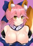  absurdres animal_ears blush breasts cleavage fate/extra fate/grand_order fate_(series) fox_ears fox_tail highres large_breasts light_smile long_hair looking_at_viewer nobunyan_(ndns8438) pink_background pink_hair simple_background solo tail tamamo_(fate)_(all) tamamo_no_mae_(fate) yellow_eyes 