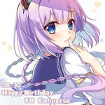  blue_eyes blush braid character_name converse_(zhan_jian_shao_nyu) dated eyebrows_visible_through_hair finger_to_mouth hair_ornament hairclip happy_birthday hasu_(velicia) highres index_finger_raised long_hair looking_at_viewer parted_lips purple_hair smile solo zhan_jian_shao_nyu 