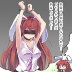  animal_ears armpits arms_up bdsm black_choker black_eyes blindfold breasts bunny_ears choker cleavage cuffs earrings grey_background handcuffs highres jewelry large_breasts long_hair original red_hair ryogo simple_background solo thought_bubble translation_request usami_tsuitachi 