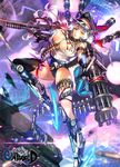  ammunition ammunition_belt arm_belt bad_id bad_pixiv_id bare_shoulders between_breasts black_gloves black_legwear blue_buruma bouncing_breasts breasts buruma cameltoe center_opening covered_nipples dual_wielding fingerless_gloves flying full_body gatling_gun gloves gun hat hexagon holding large_breasts long_hair looking_at_viewer mecha_musume namyo open_clothes open_mouth open_shirt peaked_cap ribbon-trimmed_legwear ribbon_trim science_fiction shirt single_thighhigh sleeveless sleeveless_shirt solo tareme thigh_strap thighhighs torn_buruma unbuttoned unleashed very_long_hair wavy_hair weapon white_hair yellow_eyes 