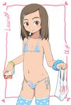  bag bead_bracelet beads bikini blue_bikini blue_scrunchie bracelet brown_eyes brown_hair bubukka character_age character_name closed_mouth condom_wrapper cowboy_shot flat_chest food hair_ornament hairclip heart holding holding_bag ice_cream in_swimsuit jewelry long_hair looking_at_viewer mouth_hold navel original plastic_bag roman_numerals scrunchie side-tie_bikini simple_background smile solo swimsuit white_background wrist_scrunchie 