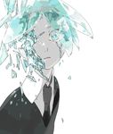  androgynous aqua_eyes aqua_hair black_neckwear black_shirt broken collared_shirt colored_eyelashes crack damaged eyeball eyebrows_visible_through_hair eyelashes eyes_visible_through_hair gem gem_uniform_(houseki_no_kuni) houseki_no_kuni looking_at_viewer necktie nose parted_lips phosphophyllite portrait sanpaku shards shirt short_hair simple_background solo toooka upper_body white_background 