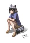  :/ animal_ears artist_name black_hair blush breasts brown_eyes brown_footwear brown_shorts collared_shirt common_raccoon_(kemono_friends) crossed_arms dated eyebrows eyelashes full_body grey_hair highres kemono_friends knees_together_feet_apart loafers looking_away multicolored_hair name_tag open_mouth purple_shirt raccoon_ears raccoon_tail roonhee shadow shirt shoes short_hair short_sleeves shorts sidelocks signature simple_background sitting small_breasts solo tail tareme white_background white_hair 