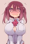  blush breast_pocket breast_squeeze breasts button_gap collared_shirt commentary_request cool-kyou_shinja d: ebina_nana flying_sweatdrops full-face_blush highres himouto!_umaru-chan large_breasts long_hair looking_at_viewer neck_ribbon nose_blush open_mouth pink_background pink_ribbon pocket popped_button red_eyes red_hair ribbon shirt simple_background solo standing twintails upper_body wardrobe_malfunction wavy_mouth white_shirt 