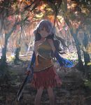  autumn bare_shoulders day detached_sleeves dress forest hatchet head_tilt holding long_hair looking_at_viewer multicolored multicolored_clothes multicolored_dress nature oriental_hatchet outdoors red_eyes sakata_nemuno saltlaver silver_hair single_strap smile solo standing touhou tree 