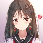  black_hair blush brown_eyes byakuya_reki collarbone earrings eyebrows_visible_through_hair gradient gradient_background graphite_(medium) heart heart-shaped_pupils jewelry long_hair looking_to_the_side lowres original school_uniform smile solo symbol-shaped_pupils traditional_media uniform 