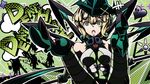  akatsuki_kirika all-out_attack bare_shoulders boots breasts green_eyes hair_between_eyes headgear heart high_heel_boots high_heels leotard looking_at_viewer medium_breasts noise_(symphogear) open_mouth parody persona persona_5 rootdesign senki_zesshou_symphogear skull solo striped striped_legwear 