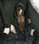  against_wall alcohol assault_rifle asymmetrical_legwear black_eyes black_gloves black_legwear bottle brown_eyes brown_hair collared_shirt cracked_wall eyepatch facial_scar girls_frontline gloves gun highres holding holding_bottle hood hooded_jacket jack_daniel's jacket knee_pads long_hair long_sleeves looking_to_the_side m16a1 m16a1_(girls_frontline) multicolored_hair necktie on_ground red_neckwear rifle scar serious shell_casing shirt sitting snow solo spread_legs streaked_hair thrall1000 weapon whiskey 