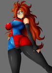  1girl android_21 arm_warmers big_hair black-framed_eyewear black_legwear black_nails blue_eyes breasts brown_hair curly_hair curvy dragon_ball dragon_ball_fighterz earrings female glasses grey_background hand_on_thigh hand_on_waist large_breasts long_hair multicolored_clothes multicolored_dress nail_polish pantyhose thick_thighs thighs witchking00 
