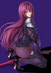  1girl armor ass blush bodysuit breasts erect_nipples fate/grand_order fate_(series) gae_bolg gloves high_heels kneeling large_breasts long_hair looking_back pantyhose parted_lips purple_background purple_hair red_eyes scathach_(fate/grand_order) sideboob smile solo spear very_long_hair weapon yang-do 