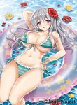  absurdres ahoge ange_vierge aqua_bikini bare_shoulders bikini breasts cleavage flower front-tie_top green_bikini hair_flower hair_ornament highres innertube kurowana large_breasts long_hair looking_at_viewer lying navel nya_lapucea on_back partially_submerged side-tie_bikini silver_hair solo strap_gap striped striped_bikini sweatdrop swimsuit wet 