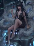  ahri alternate_costume animal_ears artist_name bangs bare_arms bare_shoulders black_hair black_panties blurry blurry_background blush breasts brown_eyes building chuby_mi collarbone dress evening_gown flower fox_ears fox_tail glowing high_heels highres holding holding_flower holding_letter knee_up league_of_legends letter lips long_hair looking_at_viewer medium_breasts multiple_tails night night_sky o-ring panties pantyshot pantyshot_(sitting) realistic red_flower red_rose rose short_dress sitting sky sleeveless sleeveless_dress smile solo tail underwear upskirt very_long_hair whisker_markings 