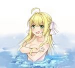  ahoge bangs blonde_hair blush braid breasts commentary covering covering_breasts d: eyebrows_visible_through_hair fate/extra fate_(series) green_eyes hair_intakes hair_ribbon large_breasts long_hair looking_at_viewer mochii nero_claudius_(fate) nero_claudius_(fate)_(all) nervous_smile nude open_mouth partially_submerged ribbon signature solo v-shaped_eyebrows water wavy_mouth white_ribbon 