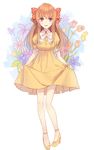  blue_flower bow brown_hair bug butterfly dress eyebrows_visible_through_hair flower full_body gekkan_shoujo_nozaki-kun hair_bow high_heels highres insect long_hair looking_at_viewer mongarit open_mouth orange_flower polka_dot polka_dot_bow purple_eyes purple_flower red_bow sakura_chiyo shoes short_dress simple_background sketch skirt_hold solo standing white_background yellow_dress yellow_footwear 