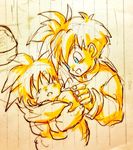  baby blanket blue_eyes brothers closed_eyes dragon_ball dragon_ball_z eyebrows_visible_through_hair happy looking_at_another male_focus monochrome multiple_boys notebook open_mouth siblings sleeping smile son_gohan son_goten spiked_hair tkgsize traditional_media yellow 