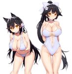  :&gt; absurdres animal_ears arm_behind_back asamura_hiori ass_visible_through_thighs atago_(azur_lane) azur_lane bangs bikini black_hair blush bow breasts brown_eyes choker cleavage closed_mouth collar collarbone cowboy_shot criss-cross_halter crossed_arms extra_ears eyebrows_visible_through_hair flower fox_ears frown hair_between_eyes hair_bow hair_flaps hair_flower hair_ornament half_updo halterneck highres huge_breasts large_breasts leaning_forward legs_apart long_hair looking_at_viewer multiple_girls navel one-piece_swimsuit ponytail see-through sidelocks simple_background smile standing swimsuit takao_(azur_lane) thigh_gap thighs tsurime very_long_hair white_background white_bikini white_bow white_flower white_swimsuit yellow_eyes 