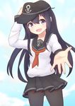  :d akatsuki_(kantai_collection) anchor_symbol bangs black_hat black_legwear black_skirt centi_mnkt cloud cloudy_sky commentary_request cowboy_shot day dutch_angle eyebrows_visible_through_hair flat_cap hair_between_eyes hand_on_headwear hat kantai_collection long_hair long_sleeves looking_at_viewer neckerchief open_mouth pantyhose pleated_skirt purple_eyes purple_hair red_neckwear school_uniform serafuku shirt skirt sky smile solo standing white_shirt 