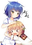  &gt;_&lt; artist_name bangs blue_hair blush breast_press breasts brown_hair closed_mouth commentary_request eyebrows_visible_through_hair gochuumon_wa_usagi_desu_ka? hair_ornament hairclip hoto_cocoa hoto_cocoa's_school_uniform hug jouga_maya kafuu_chino's_school_uniform medium_breasts multiple_girls open_mouth petting plaid_sailor_collar pleated_skirt puffy_short_sleeves puffy_sleeves sailor_collar school_uniform shirt short_hair short_sleeves signature simple_background sitting skirt smile translated wavy_mouth white_background white_shirt white_skirt win_opz yellow_eyes 