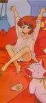  80s artist_request barefoot bed feet highres jpeg_artifacts kazuki_mai long_sleeves magical_girl mahou_no_star_magical_emi oldschool pajamas panties pantyshot red_hair short_hair sleeves_rolled_up solo stretch striped stuffed_animal stuffed_pig stuffed_toy underwear very_short_hair white_panties 