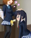  banana cream food fruit hand_on_head heart hirasawa_yui k-on! multiple_girls nakano_azusa pantyhose school_uniform sexually_suggestive skirt yasutake 