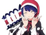  bangs black_capelet blue_hair blush capelet closed_eyes doremy_sweet double_v facing_viewer followers hat long_sleeves neck_ribbon nightcap pom_pom_(clothes) red_ribbon ribbon shishi_osamu short_hair simple_background smile solo tail tapir_tail touhou upper_body v white_background 