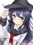  akatsuki_(kantai_collection) black_hat black_sailor_collar flat_cap hair_between_eyes harino646 hat kantai_collection long_hair long_sleeves neckerchief purple_eyes purple_hair red_neckwear remodel_(kantai_collection) sailor_collar school_uniform serafuku sketch smile solo 