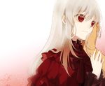  bow bowtie eyebrows_visible_through_hair hair_between_eyes hand_on_another's_cheek hand_on_another's_face hita_(hitapita) k_(anime) kushina_anna long_hair red_bow red_eyes red_neckwear silver_hair smile upper_body white_background 